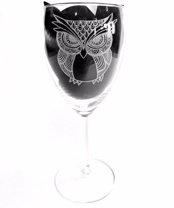 OWL mandala ENGRAVED glassware, etched, gift. Wine, pint, whiskey, beer, tankard, gin, vase, personalised,sugar skull animal pattern,