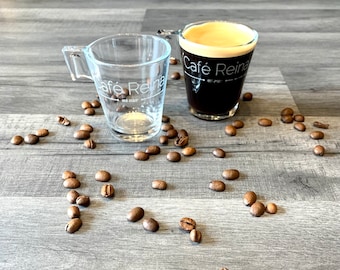 ENGRAVED ESPRESSO CUPS pair photo, etched coffee glasses, logo, custom, print, cafe lover, dad gift, personalised, drinks, kitchen mum shot