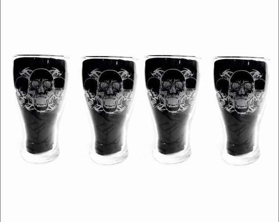 SKULL Set 4 engraved pint glassware, etched day of the dead, gift. Wine, pint, whiskey, beer, tankard, gin, vase, glass, personalised