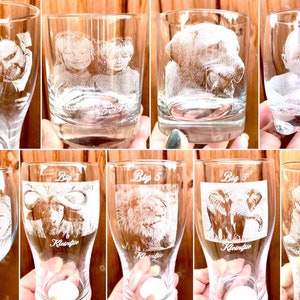 PHOTO engraved glassware, personalised etched, gift pets, dogs, cat, pictures children beer, pint, whiskey tankard, gin, daddy, Christmas
