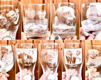 PHOTO engraved glassware, personalised etched, gift pets, dogs, cat, pictures children beer, pint, whiskey tankard, gin, daddy, mothers day