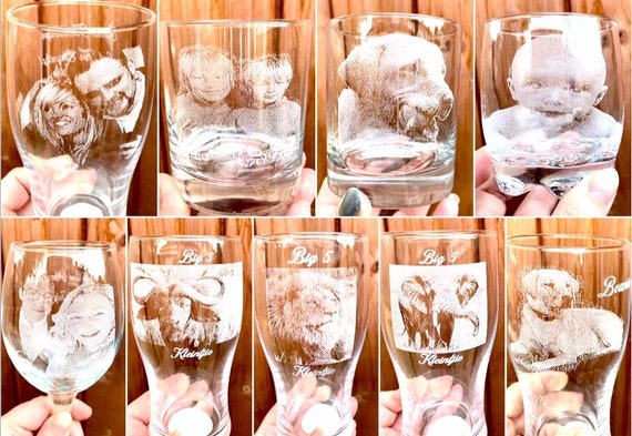 PHOTO engraved glassware, personalised etched, gift pets, dogs, cat, pictures children beer, pint, whiskey tankard, gin, daddy, Christmas