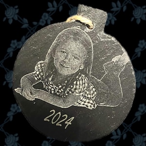 PHOTO ENGRAVED BAUBLE slate portrait, christmas decoration, tree, memorial, dog, cat pets, family, personalised, etched, 2024, gift, xmas