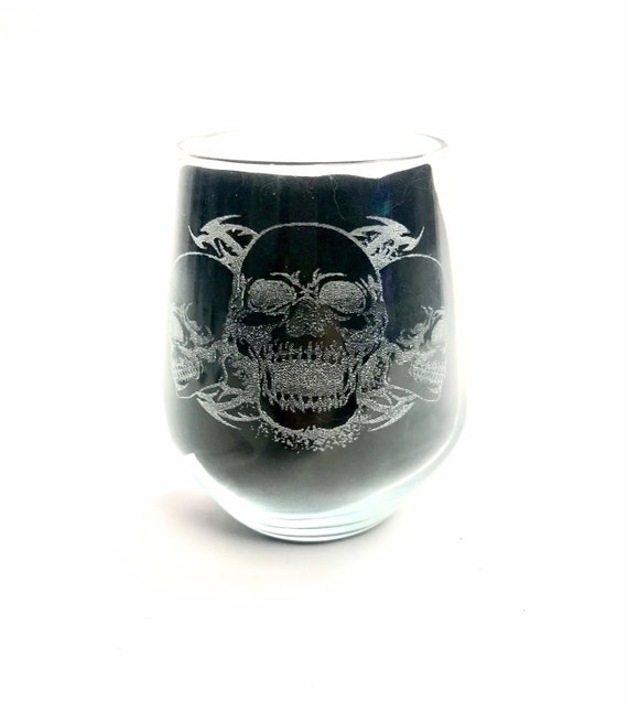 SKULL Stemless wine glass, engraved glassware, etched day of the dead, gift, personalised