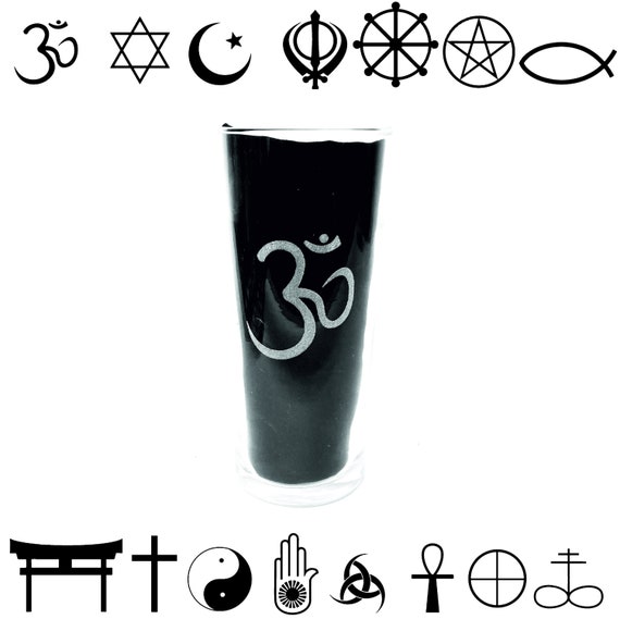 RELIGIOUS symbols ENGRAVED glassware, personalised etched glass, christian, hindu, pagan, islamic, judaism, taoism pint, whisky, gin, wine,