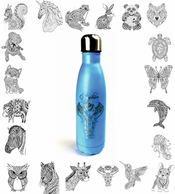 ENGRAVED cold/ hot thermo stainless steel etched bottle, personalised drink, pink, blue, black, purple, red, 500ml elephant, tiger, cat, dog