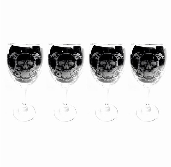 SKULL Set 4 engraved glassware, etched day of the dead, gift. Wine, pint, whiskey, beer, tankard, gin, vase, glass, personalised