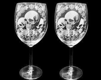 Deluxe SKULL & ROSE ENGRAVED pair 2 set glasses personalised etched cocktail gift vodka red white rose gin, dark goth rock, tattoo, ink wine