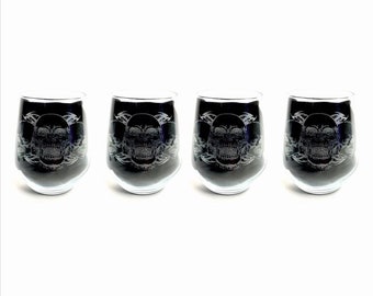 SKULL Stemless wine set of 4 glass, engraved glassware, etched day of the dead, gift, personalised