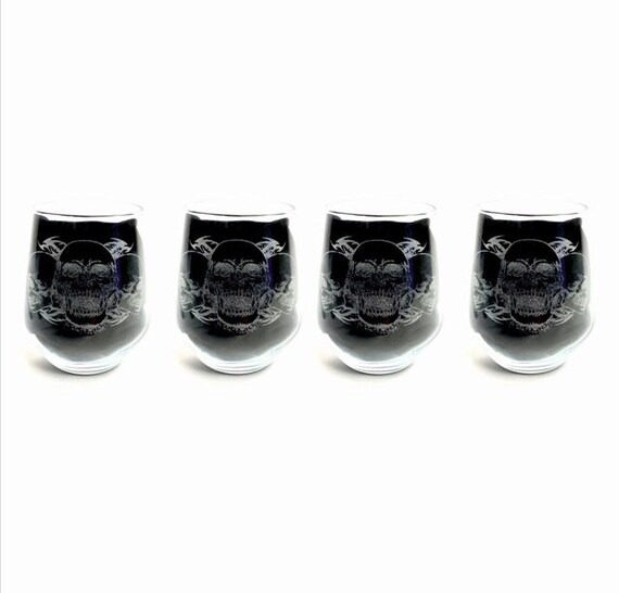 SKULL Stemless wine set of 4 glass, engraved glassware, etched day of the dead, gift, personalised
