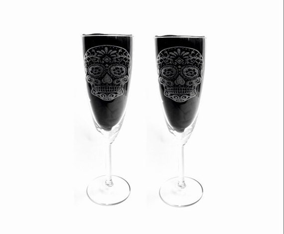 SUGAR SKULL pair CHAMPAGNE engraved glassware, etched day of the dead, gift. Wine, pint, whiskey, beer, gin, vase, personalised glass flute