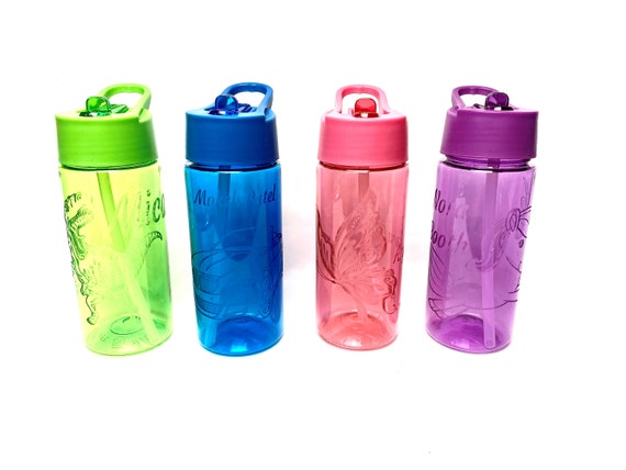 ENGRAVED WATER BOTTLES etched, personalised straw cup, blue, pink, purple, green, school, gym, work, kids, children, juice name, college