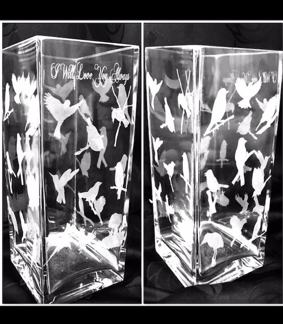 ENGRAVED VASE BIRD, robin, personalised etched glass gift, flowers, mother's day birthday, butterfly, dog, cat, giraffe, bird, elephant, owl