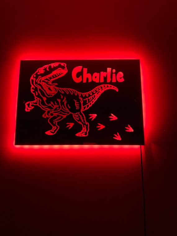 DINOSAUR LIGHT up MIRROR personalised engraved acrylic wall led sign. T-Rex, bedroom, nursery, playroom, name, boys, girls gift, green,