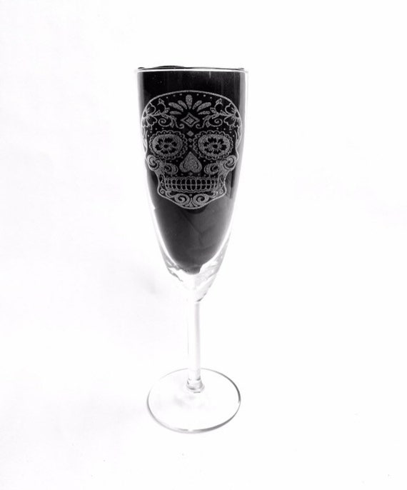 SUGAR SKULL CHAMPAGNE flute personalised glassware, etched day of the dead, gift. Wine, pint, whiskey, beer, tankard, gin, vase,