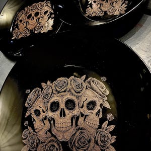 Deluxe SUGAR SKULL & ROSE engraved, dinnerware, etched bowls, pasta, black goth, table, side plate, dining, set, gothic, witch, tattoo ink