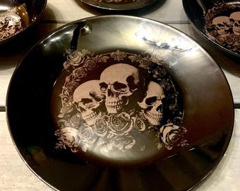 デラックス スカル＆ローズ 彫刻 ブラック、食器、エッチング ボウル