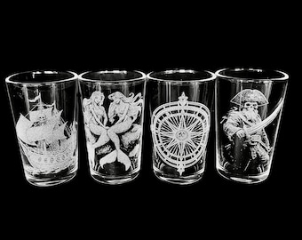 PIRATE ENGRAVED SHOT glass set 4, rum mermaid captain compass ship bar etched personalised shooter photo design gift him whiskey treasure