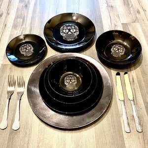 SUGAR SKULL engraved BLACK, dinnerware, etched bowls, plates, pasta, rock goth, table, side plate, christmas, dining, set, gothic, witch,