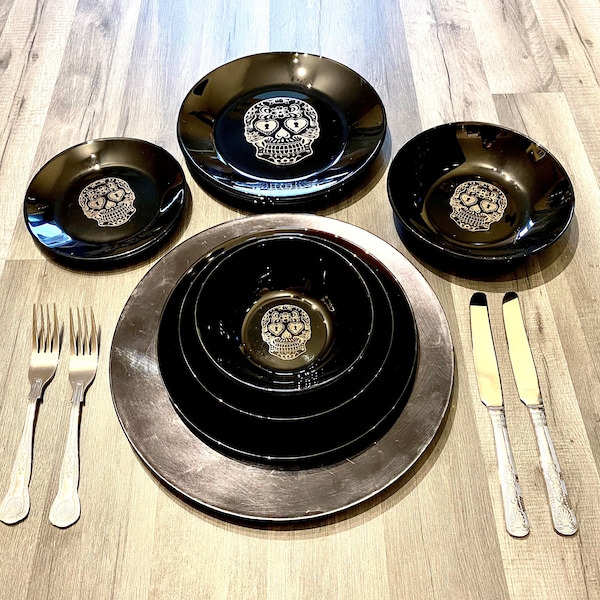 SUGAR SKULL engraved BLACK, dinnerware, etched bowls, plates, pasta, rock goth, table, side plate, christmas, dining, set, gothic, witch,