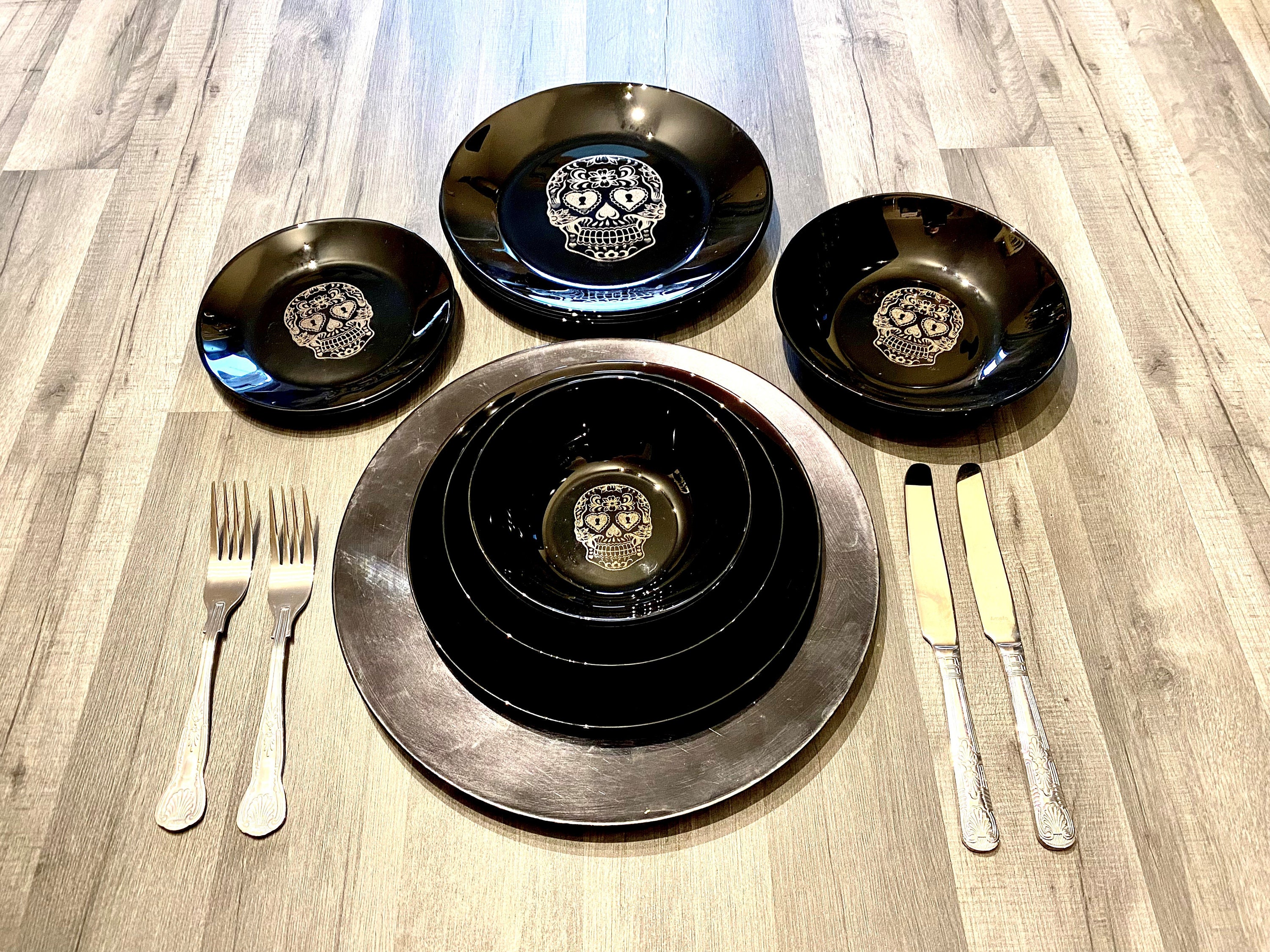 SUGAR SKULL engraved BLACK, dinnerware, etched bowls, plates, pasta, rock goth, table, side plate, christmas, dining, set, gothic, witch,