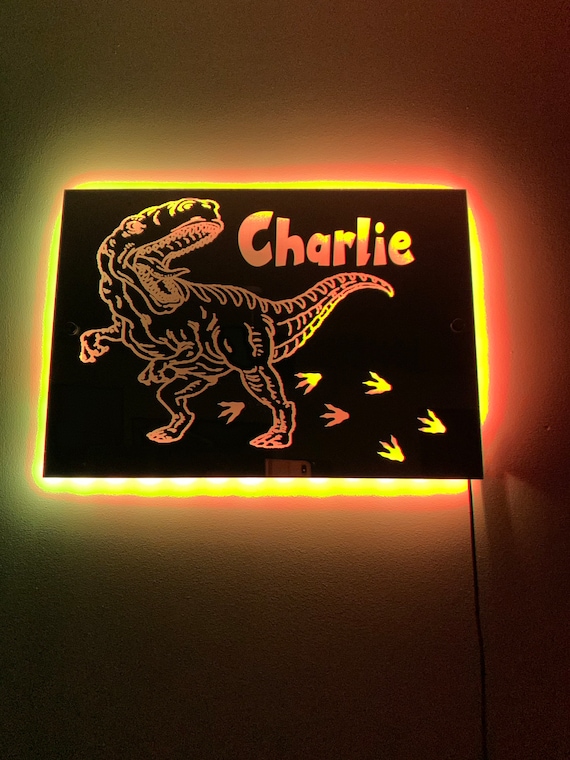 DINOSAUR LIGHT up MIRROR personalised engraved acrylic wall led sign. T-Rex, bedroom, nursery, playroom, name, boys, girls gift, green,