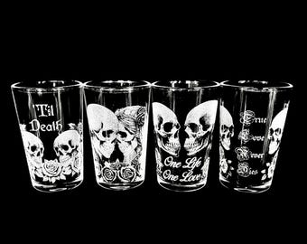 SKULL ENGRAVED SHOT glass set 4 rum bar etched personalised photo design gift goth whisky love anniversary wedding his hers mr mrs til death