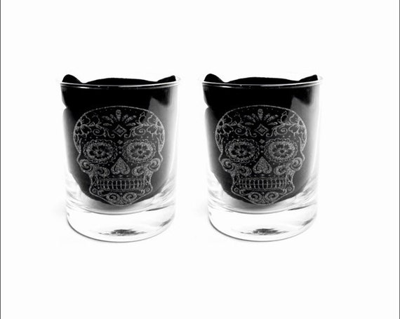 SUGAR SKULL pair WHISKEY engraved glassware, etched day of the dead, gift. Wine, pint, whiskey, beer, tankard, gin, vase, personalised glass
