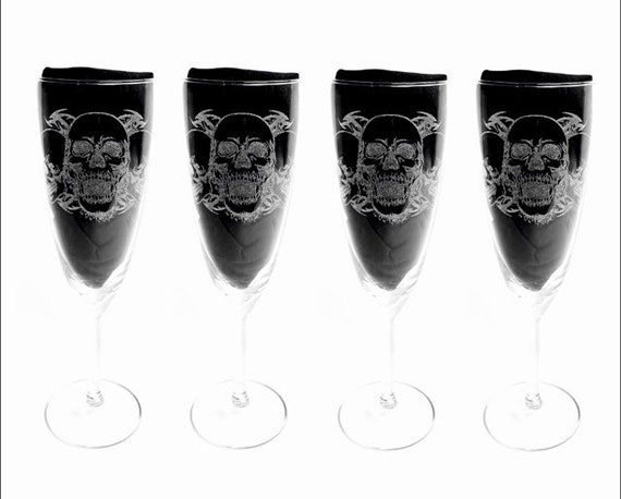 SKULL Set 4 engraved CHAMPAGNE flute glassware, etched day of the dead, gift. Wine, pint, whiskey, beer, gin, vase, glass, personalised