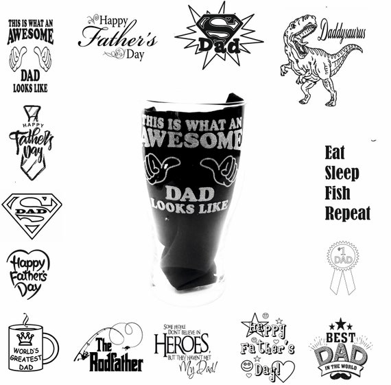 FATHERS DAY choice of engraved DESIGNS glassware, etched personalised gift. Hero pint, whiskey, beer, tankard, gin, mug, fish, daddy, pop,