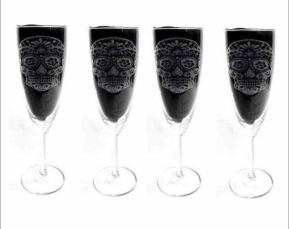 SUGAR SKULL Set 4 CHAMPAGNE engraved glassware, etched day of the dead, gift. Wine, pint, beer, tankard, gin, vase, glass personalised flute