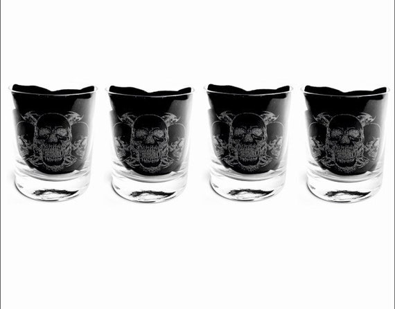 SKULL Set 4 engraved WHISKEY glassware, etched day of the dead, gift. Wine, pint, whiskey, beer, tankard, gin, vase, glass, personalised