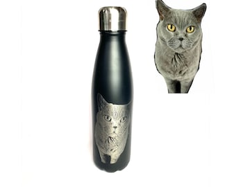 PHOTO ENGRAVED, BOTTLE water thermal, coffee cup, etched pets, dogs, cat pictures personalised gift canteen black cold hot gym metal