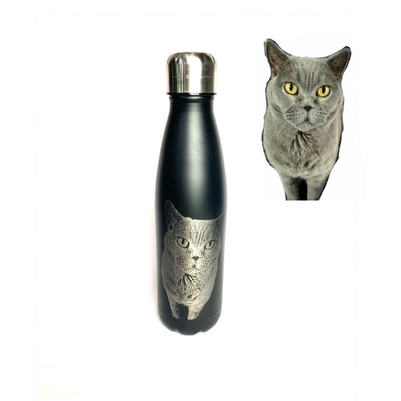 PHOTO ENGRAVED, BOTTLE water thermal, coffee cup, etched pets, dogs, cat pictures personalised gift canteen black cold hot gym metal
