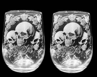 Deluxe SKULL & ROSE ENGRAVED pair 2 set glasses personalised etched cocktail gift vodka pint, tankard gin, dark goth rock, tattoo, ink wine