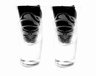 SANTA SKULL shot glass pair set 2 Christmas engraved, etched day of the dead, gift. Wine, pint, whiskey, beer, personalised