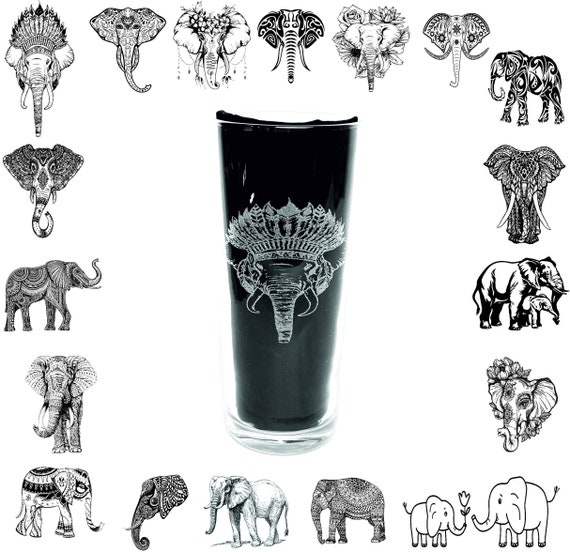 ELEPHANT designs ENGRAVED glassware, personalised etched glass, african, head, baby, cute, mandala, pint, whisky, gin, wine, mug