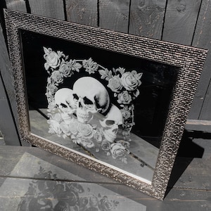 Deluxe SKULL & ROSE engraved MIRROR etched wall decor personalised silver goth tattoo, gothic, home, art, large, xl mosaic floral flowers