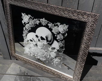 Deluxe SKULL & ROSE engraved MIRROR etched wall decor personalised silver goth tattoo, gothic, home, art, large, xl mosaic floral flowers