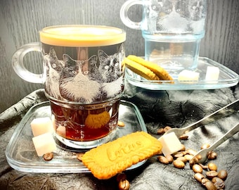 ENGRAVED PHOTO CUP saucer set, etched coffee, tea, glasses, logo, custom, print, cafe lover, dad gift, personalised, drinks, kitchen shot