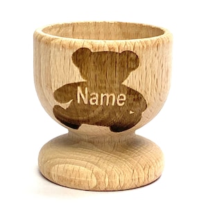 TEDDY bear EGG CUP wooden, engraved, personalised Easter, eco, many etched designs to choose , Buy 2 get 1 free, child, bunny, gift