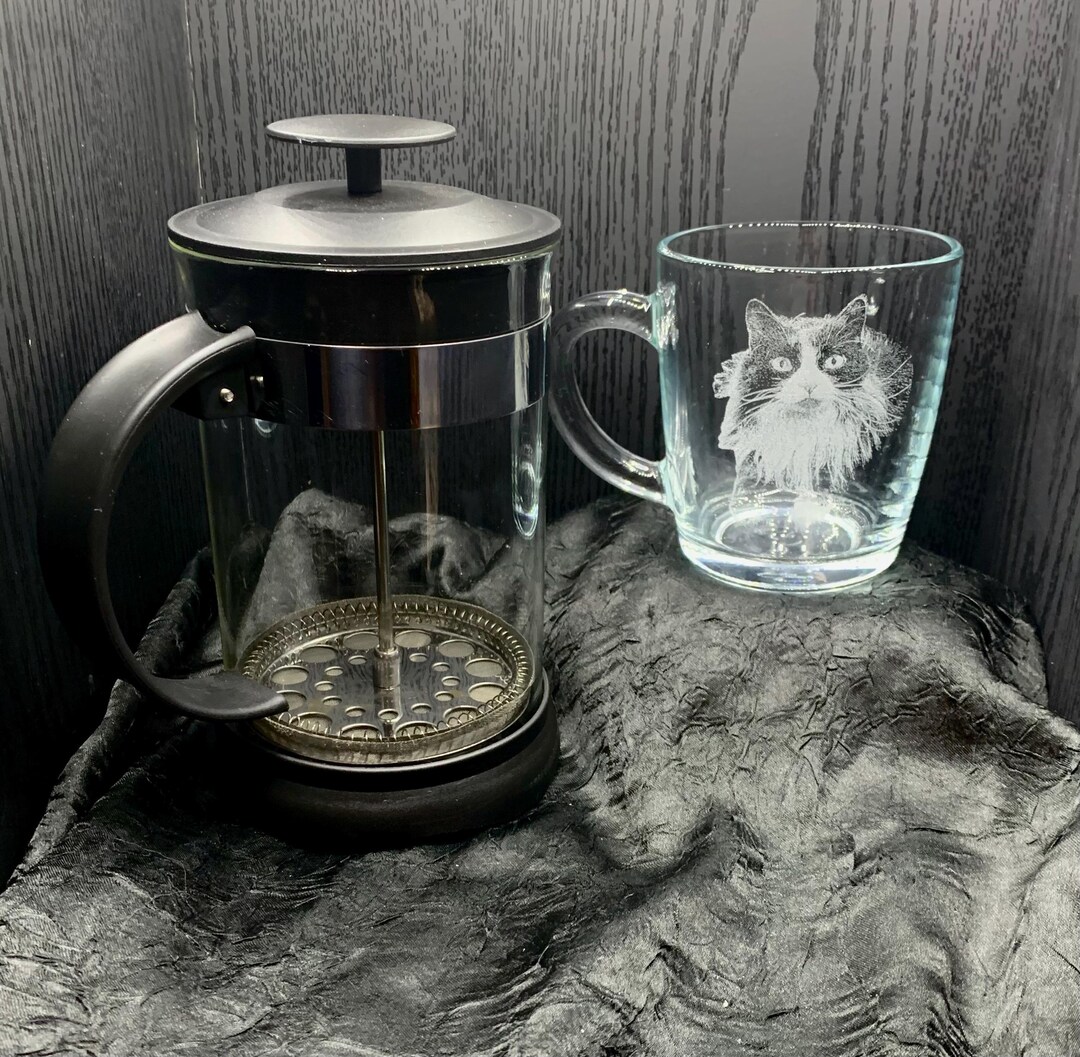 ENGRAVED PHOTO CAFETIERE Cup Set, Glass, Etched Personalised, Gift