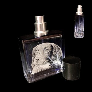 Puede incluir: Un frasco de perfume de vidrio transparente con un atomizador plateado y una tapa negra. La botella presenta una imagen grabada de la cara de un perro. También se ve un frasco de perfume más pequeño y vacío.