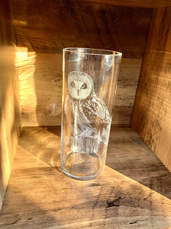OWL engraved VASE Mother’s Day personalised etched glass gift, flowers, wife, cat, dog, pet children, family mum, mom, nanna, Nan, print