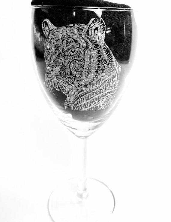 TIGER mandala ENGRAVED glassware, etched, gift. Wine, pint, whiskey, beer, tankard, gin, vase, personalised,sugar skull animal pattern