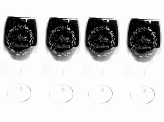 CHRISTMAS WREATH merry quote personalised glasses Set 4 engraved glassware, etched wine gift, Wine, pint, whiskey, beer, tankard, gin,