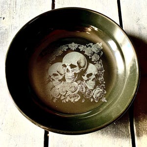 SKULL PASTA BOWLS Deluxe & rose engraved, dinnerware, etched rock goth, table, side plate, dining, set, gothic, witch, tattoo ink