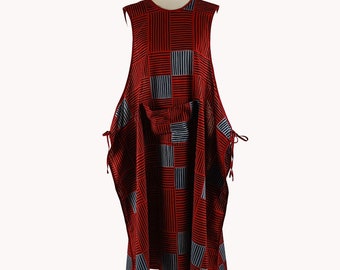 Vintage Red Geometric 1980s Pinafore Dress