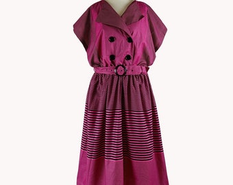 Fenno Sport 1980s Rasberry Pink & Black Striped Midi Dress - Finnish Vintage - Size M