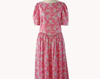 Laura Ashley Cotton Midi Dress, 1980s Vintage, Pink Floral Print, Size EUR 38/UK 10/US 6